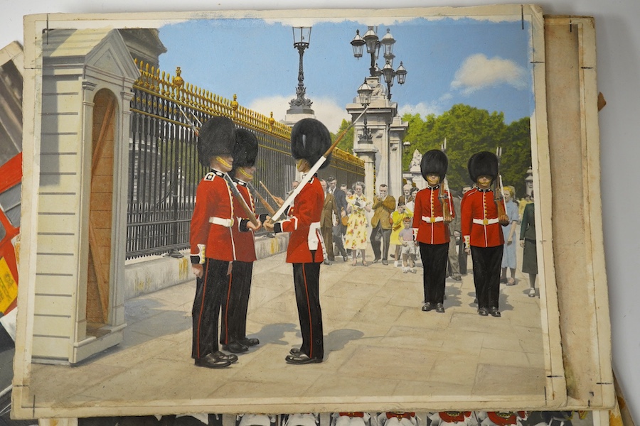 A set of thirteen original hand coloured photographs for postcards, London Pageantry scenes to include Changing the guard at Buckingham Palace, Lifeguards in the mall, London policeman and Yeoman warders at St James Pala